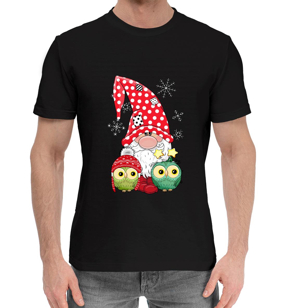 Мужская Хлопковая футболка с принтом Новогодние совушки и гном, артикул NOV-554157-hfu-2mp
