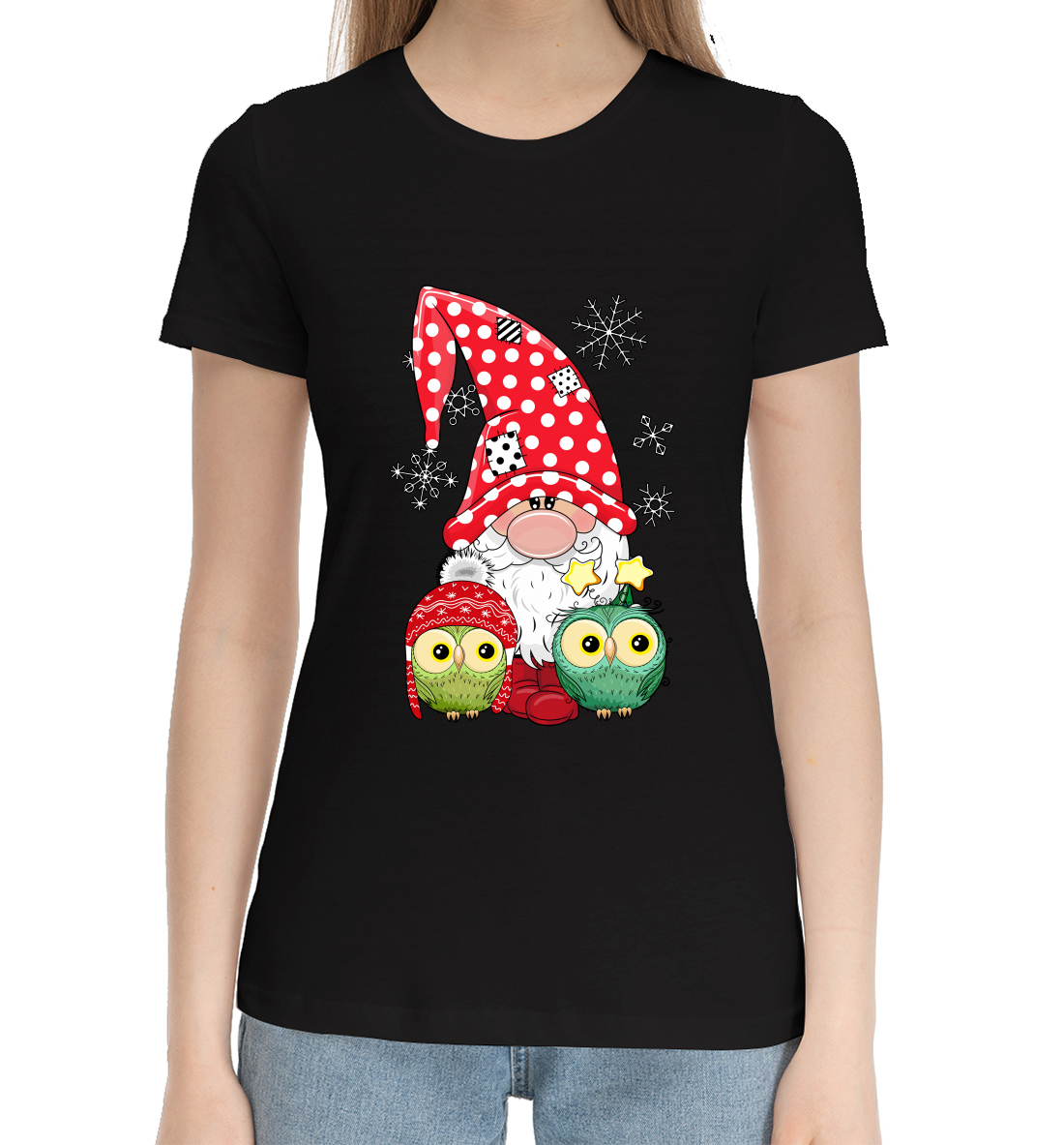 Женская Хлопковая футболка с принтом Новогодние совушки и гном, артикул NOV-554157-hfu-1mp