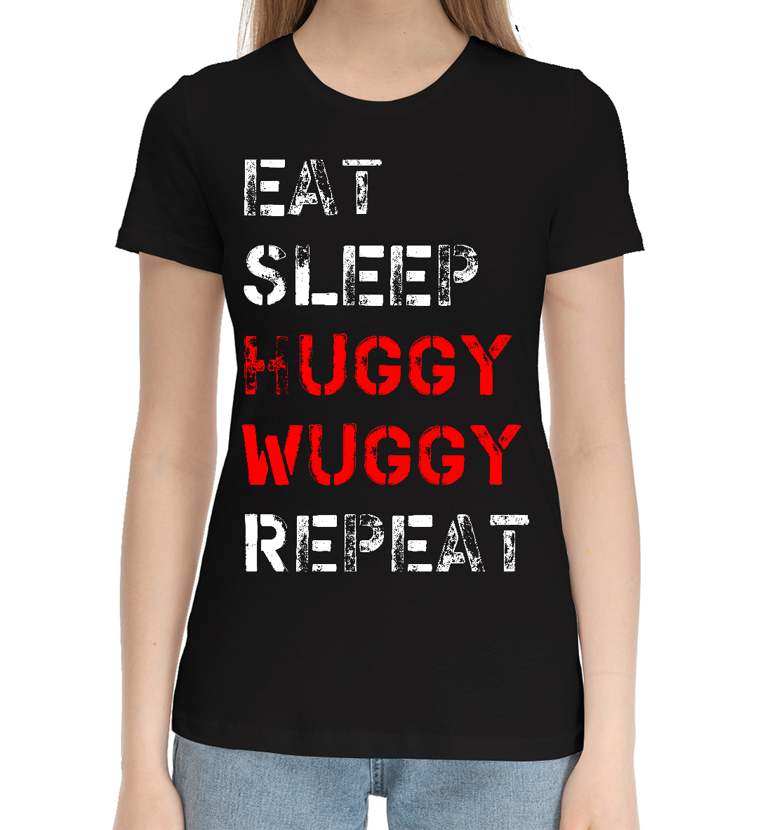 Женская Хлопковая футболка с принтом Eat Sleep Huggy Wuggy Repeat, артикул PPE-296327-hfu-1mp