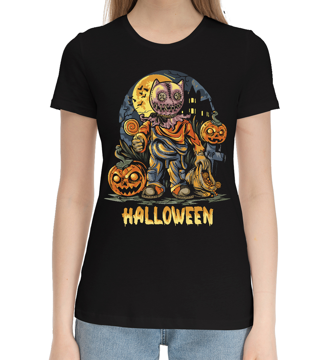 Женская Хлопковая футболка с принтом Хэллоуин, артикул HAL-313150-hfu-1mp