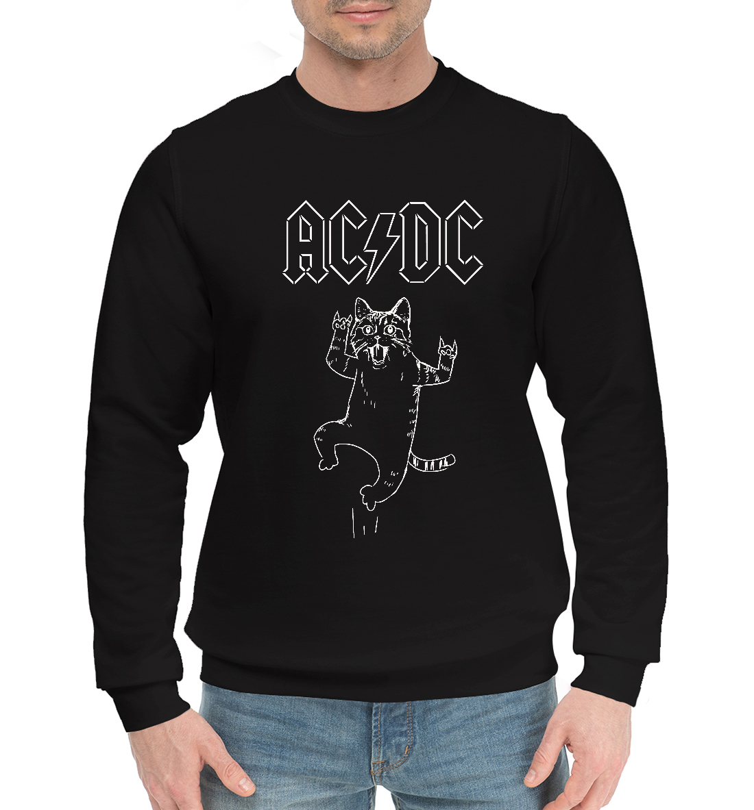Мужской хлопковый свитшот с принтом AC/DC/котик
