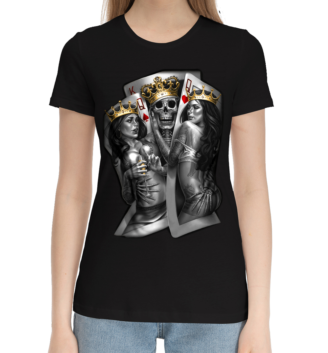 Женская Хлопковая футболка с принтом Череп-джокер, артикул HIP-923546-hfu-1mp