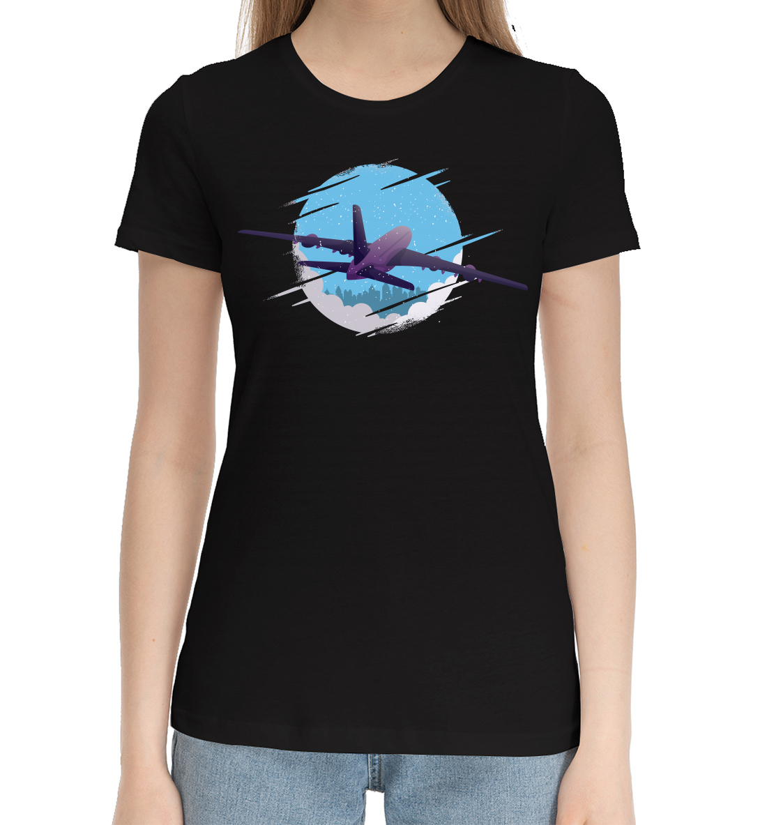 Женская Хлопковая футболка с принтом Самолёт, артикул APN-479320-hfu-1mp