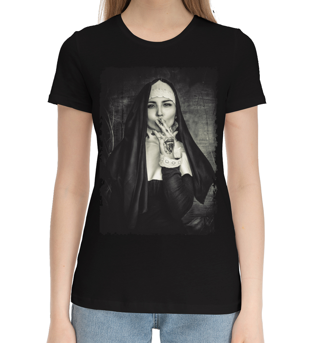 Женская Хлопковая футболка с принтом Монашка с сигаретой, артикул NUN-281036-hfu-1mp