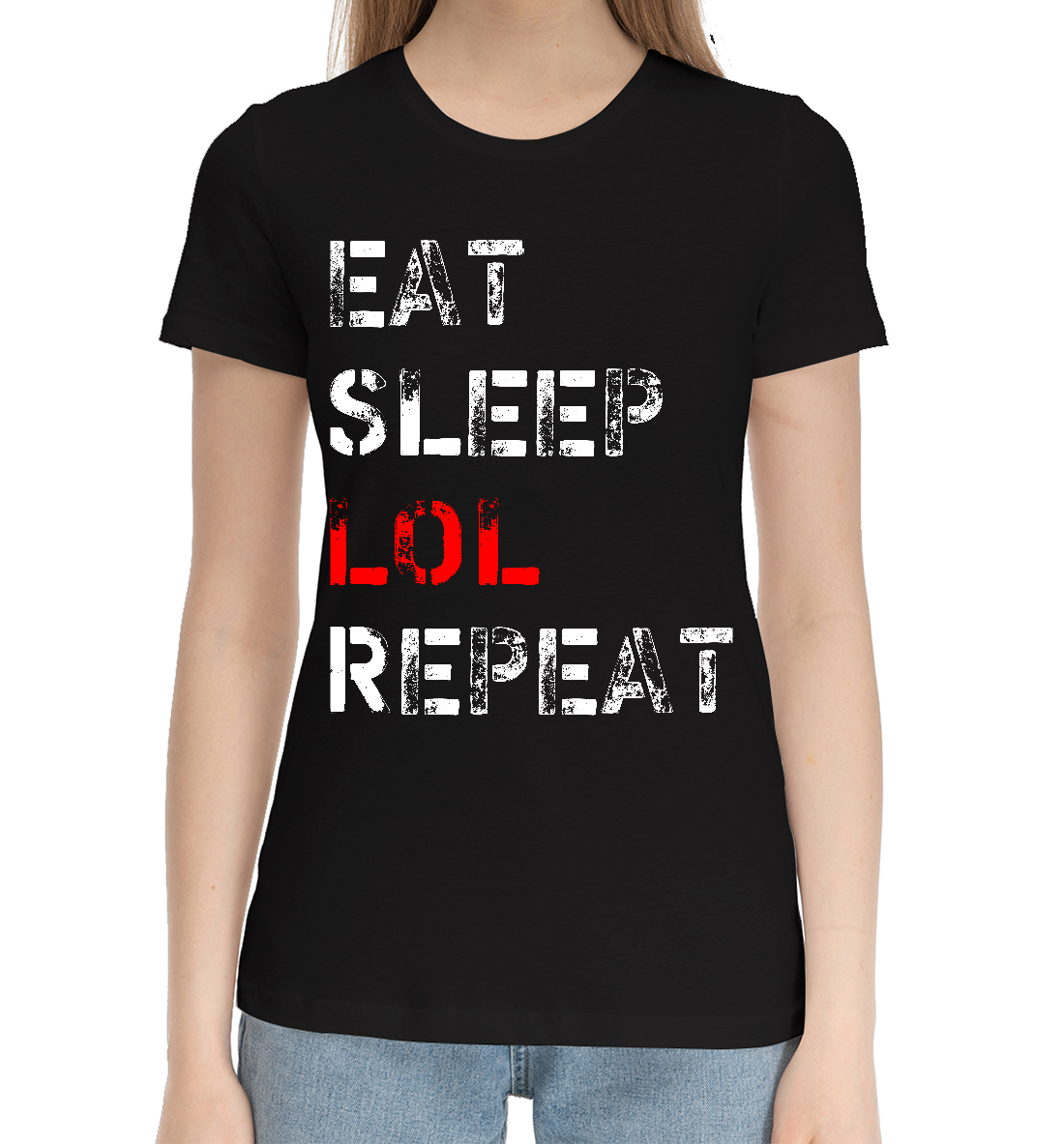 Женская Хлопковая футболка с принтом Eat Sleep LOL Repeat, артикул LOL-655755-hfu-1mp