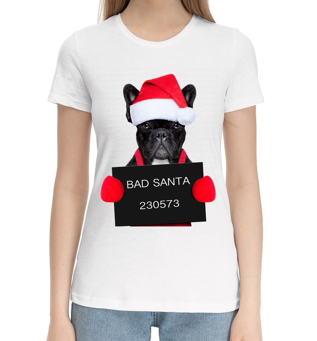Женская Хлопковая футболка с принтом Плохой Санта, артикул NOV-933654-hfu-1mp