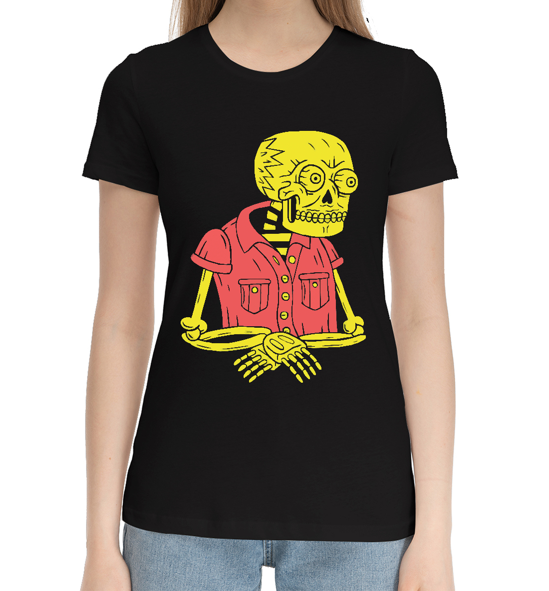 Женская Хлопковая футболка с принтом Уставший скелет, артикул SKU-744774-hfu-1mp