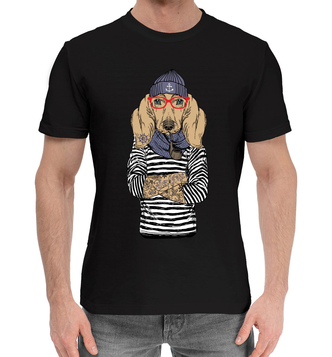 Мужская Хлопковая футболка с принтом Модная такса, артикул DOG-149012-hfu-2mp