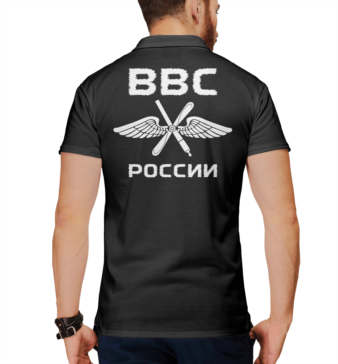 Мужское поло с принтом ВВС РОССИИ  - фото 2-спина
