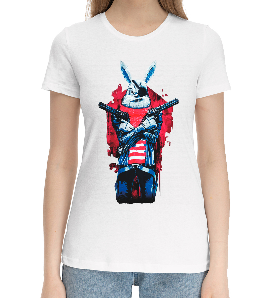 Женская Хлопковая футболка с принтом Кролик с пистолетом, артикул SOT-633094-hfu-1mp