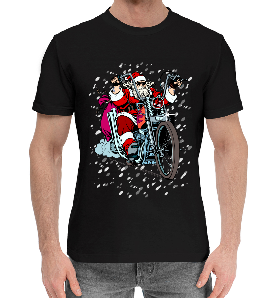 Мужская Хлопковая футболка с принтом Санта Клаус байкер, артикул NOV-248863-hfu-2mp