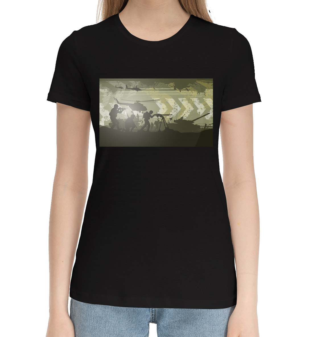 Женская Хлопковая футболка с принтом 23 февраля, артикул 23F-210582-hfu-1mp