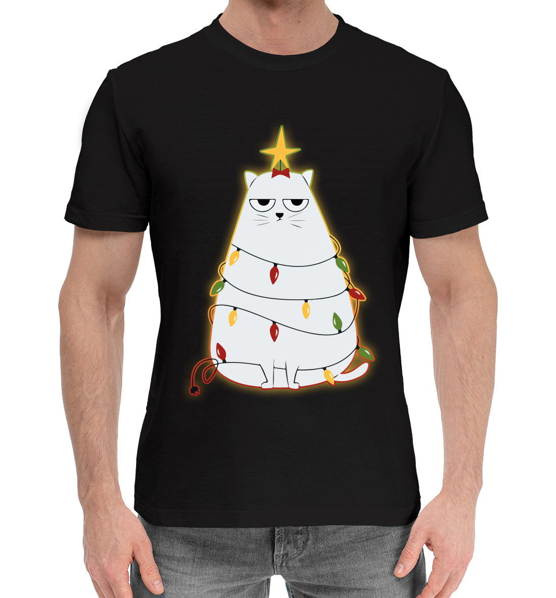 Мужская Хлопковая футболка с принтом Cute christmas cat, артикул NOV-196993-hfu-2mp