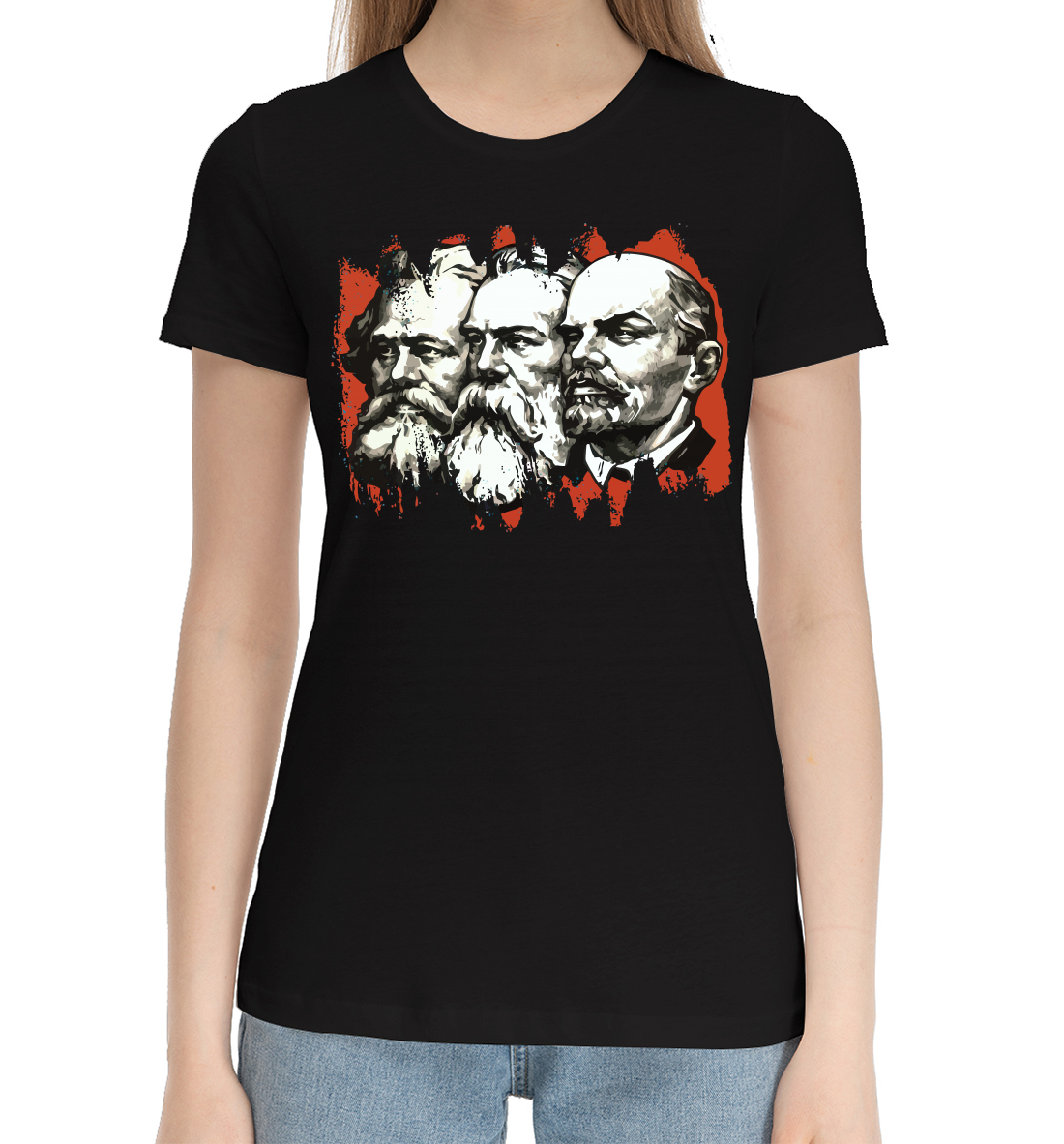 Женская Хлопковая футболка с принтом Ленин Маркс Энгельс, артикул SSS-427813-hfu-1mp