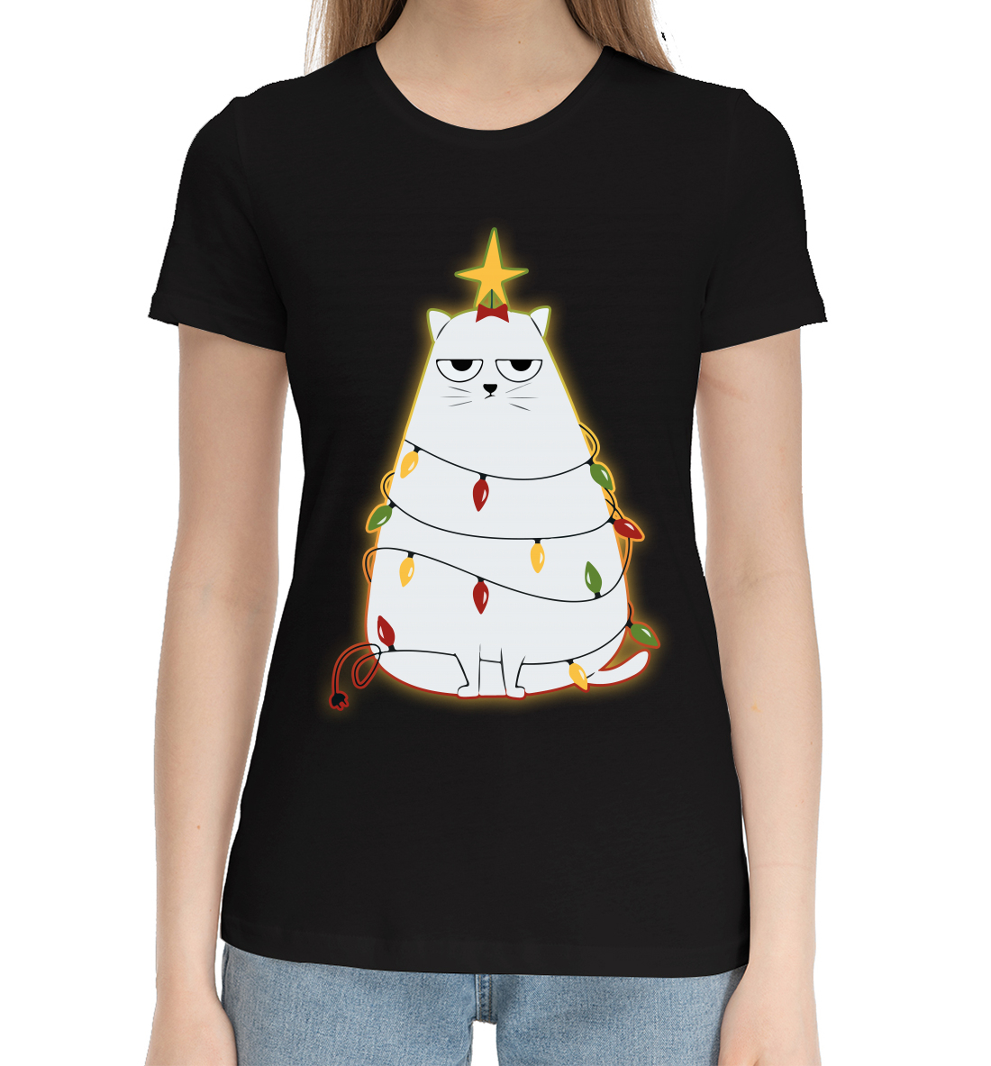 Женская Хлопковая футболка с принтом Cute christmas cat, артикул NOV-196993-hfu-1mp