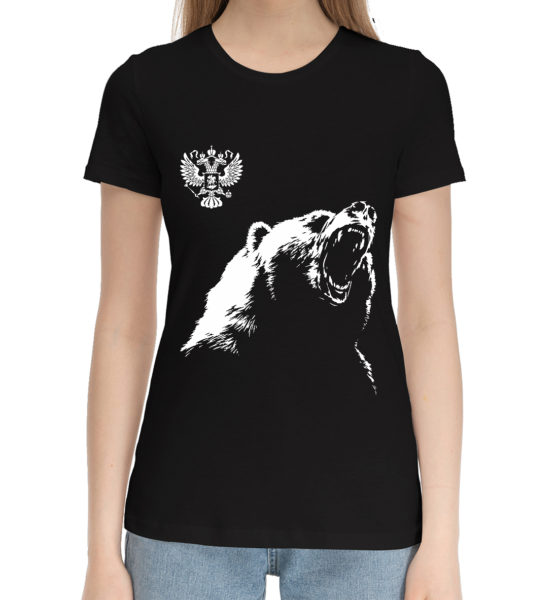 Женская Хлопковая футболка с принтом Русский медведь и герб, артикул SRF-580538-hfu-1mp