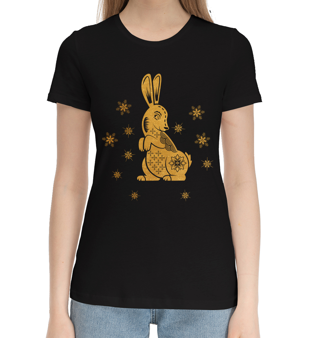 Женская Хлопковая футболка с принтом Золотой кролик, артикул YOT-186992-hfu-1mp
