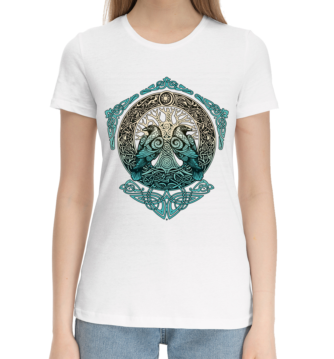 Женская Хлопковая футболка с принтом Вороны Одина, артикул SVN-241303-hfu-1mp