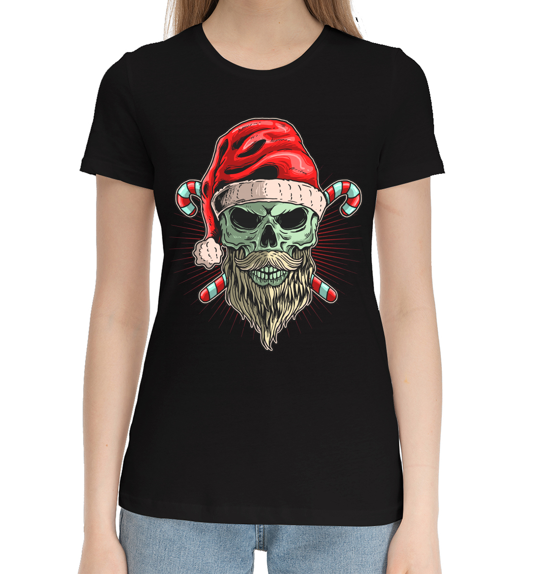 Женская Хлопковая футболка с принтом Новогодний череп, артикул DMZ-262128-hfu-1mp
