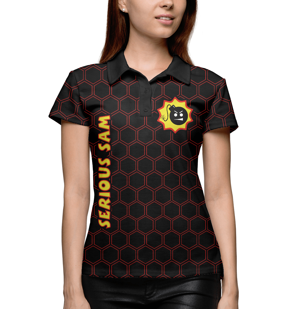 Женское поло Serious Sam / Крутой Сэм (Serious Sam) за 2499 ? на заказ с  принтом надписью купить в Print Bar (RPG-818943) ?