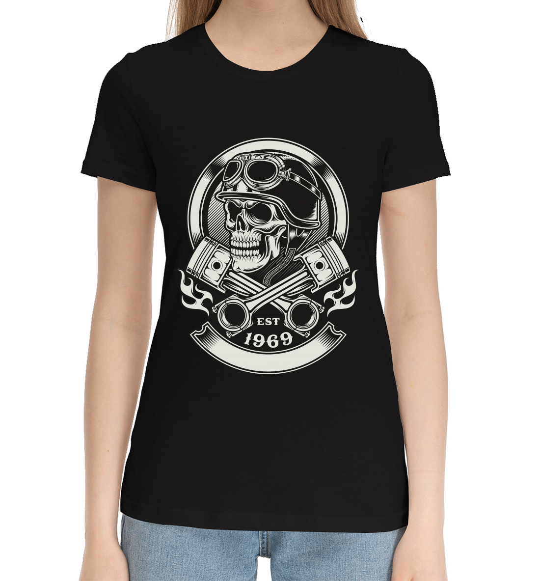 Женская Хлопковая футболка с принтом Череп в каске, артикул SKU-939573-hfu-1mp