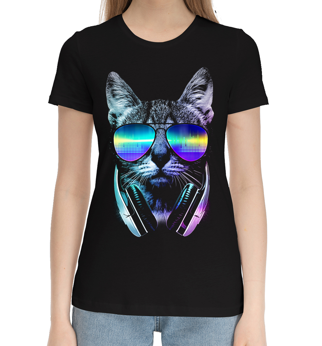 Женская Хлопковая футболка с принтом Кот диджей, артикул CAT-140026-hfu-1mp