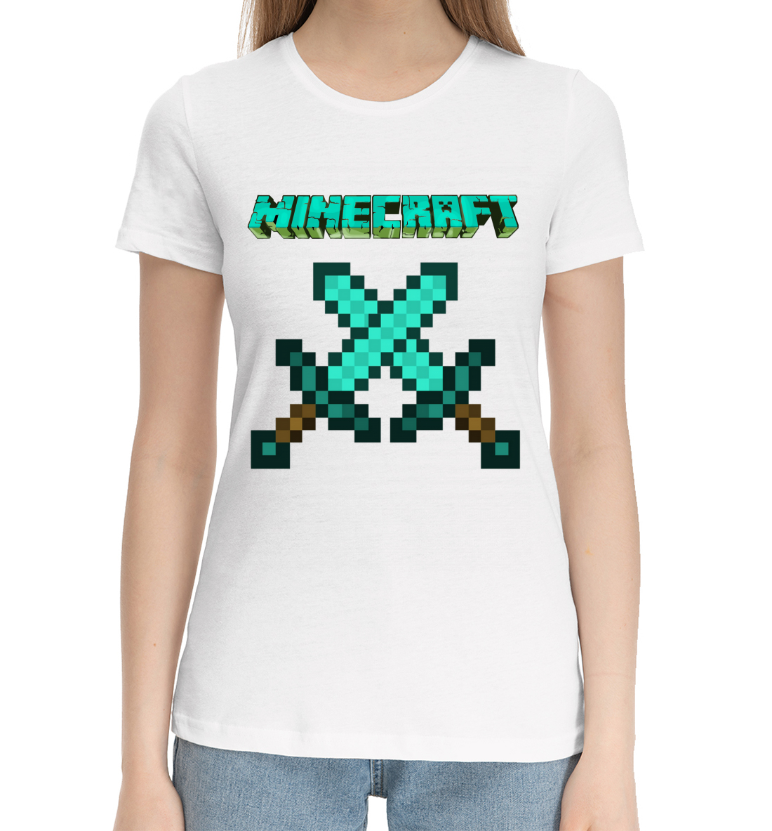 Женская Хлопковая футболка с принтом Minecraft, артикул MCR-646046-hfu-1mp