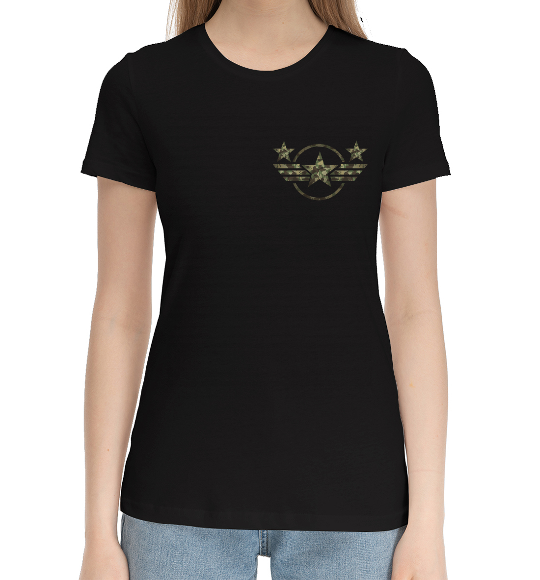 Женская Хлопковая футболка с принтом 23 февраля, артикул 23F-679433-hfu-1mp