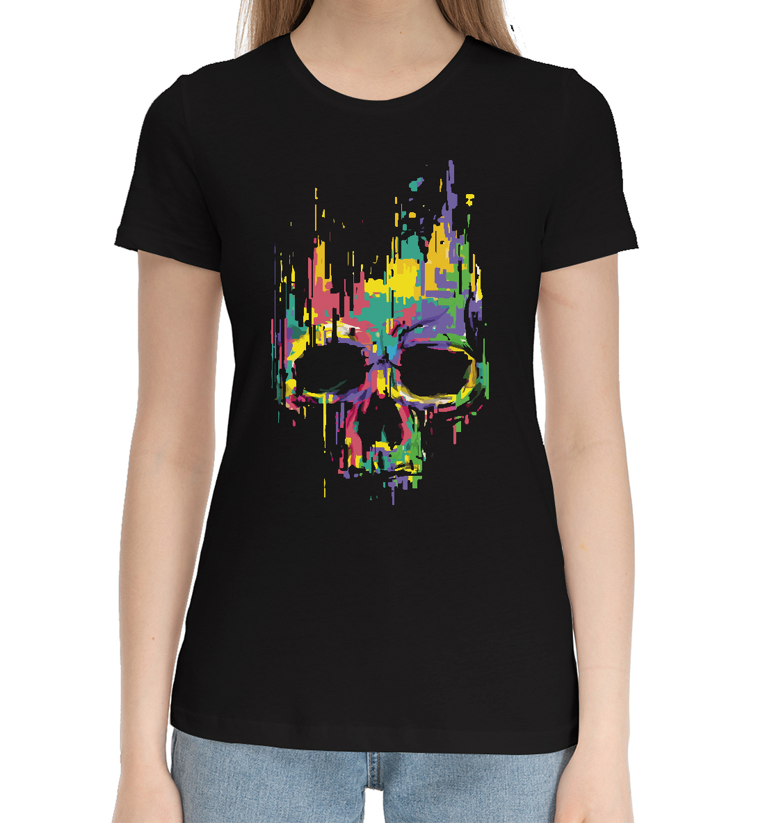 Женская Хлопковая футболка с принтом Glitch skull, артикул SKU-505562-hfu-1mp