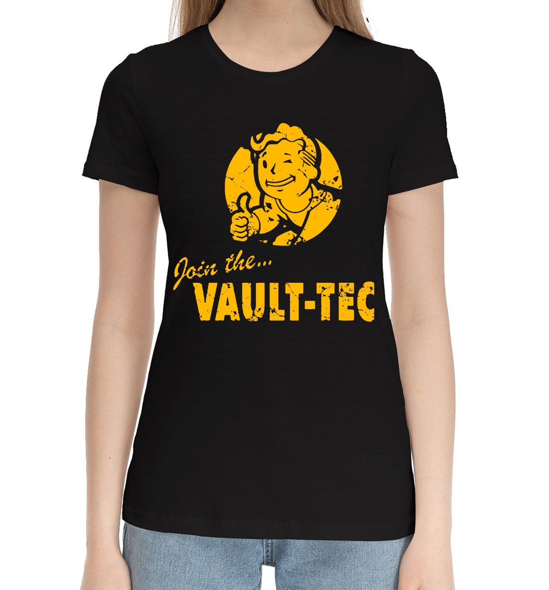 Женская Хлопковая футболка с принтом Join the... Vault-tec, артикул FOT-509915-hfu-1mp