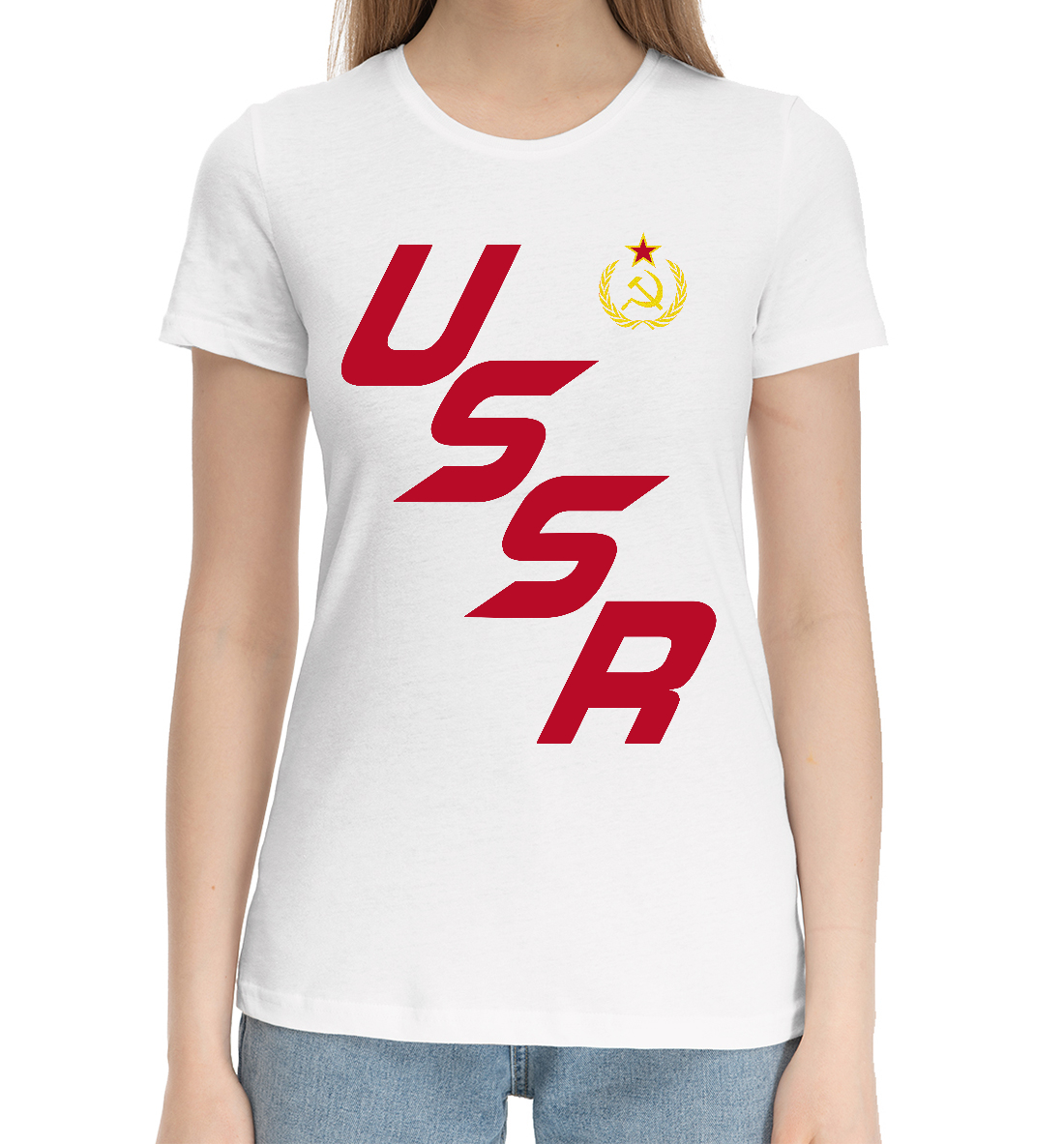 Женская Хлопковая футболка с принтом USSR красного цвета, артикул SSS-740623-hfu-1mp