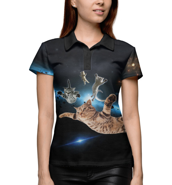 Женское поло с притом Летящие коты в космосе цвета Белый Женское поло с изображением Летящие коты в космосе цвета Белый