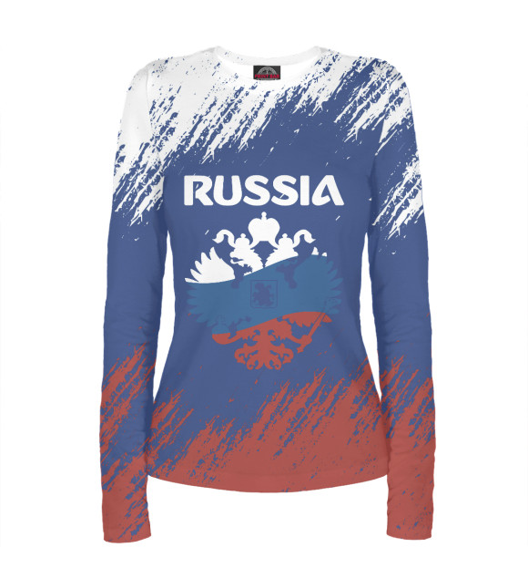 Женский лонгслив с притом RUSSIA цвета Белый Женский лонгслив с изображением RUSSIA цвета Белый