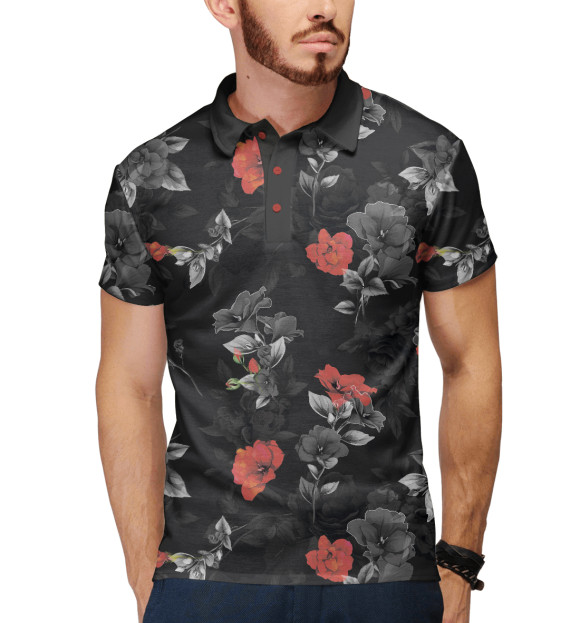 Мужское поло с притом Красные цветы цвета Белый Мужское поло с изображением Красные цветы цвета Белый