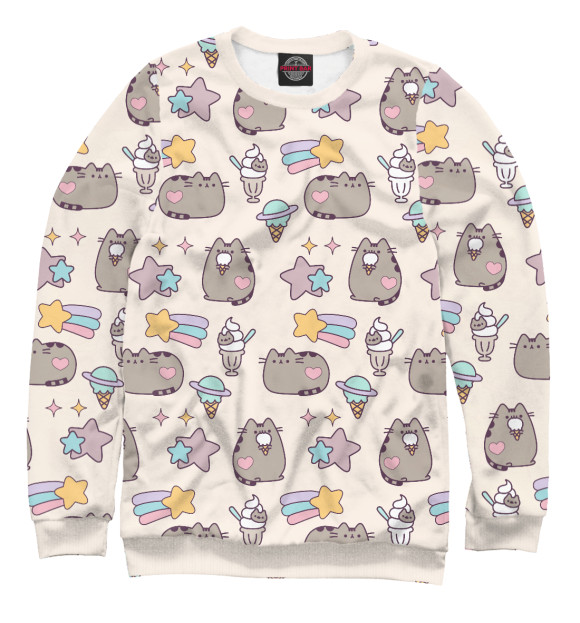 Женский свитшот с изображением Pusheen, Звезды и Мороженое цвета Белый