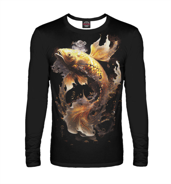 Мужской лонгслив с изображением Рыба золотой дракон на черном фоне цвета Белый