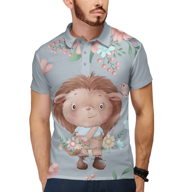 Мужское поло с изображением Ежик с цветами цвета Белый