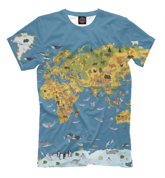 Мужская футболка с изображением Карта мира цвета Грязно-голубой