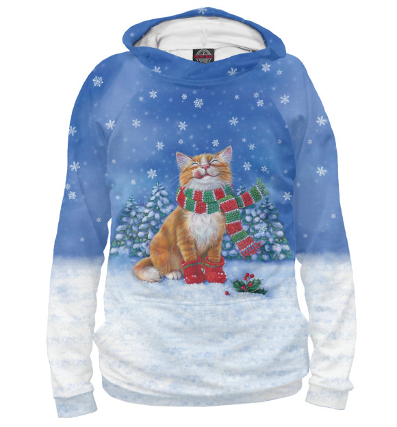 Худи для мальчика с изображением Christmas Cat цвета Белый