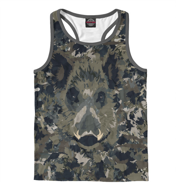 Мужская майка-борцовка с изображением Камуфляж с кабаном цвета Белый