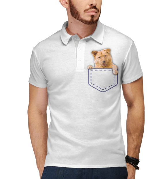 Мужское поло с изображением Собака в кармане цвета Белый
