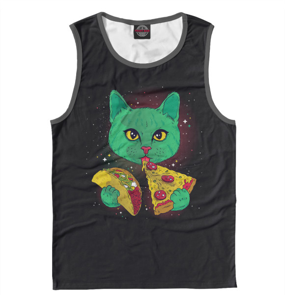 Мужская майка с изображением Cosmic pizza cat цвета Белый