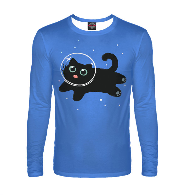 Мужской лонгслив с изображением Котик в космосе цвета Белый