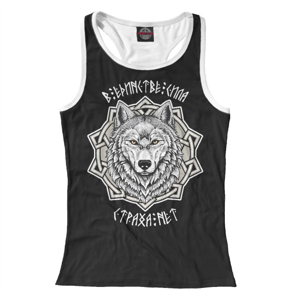 Женская майка-борцовка с изображением Волк в круге силы  / в единстве сила цвета Белый