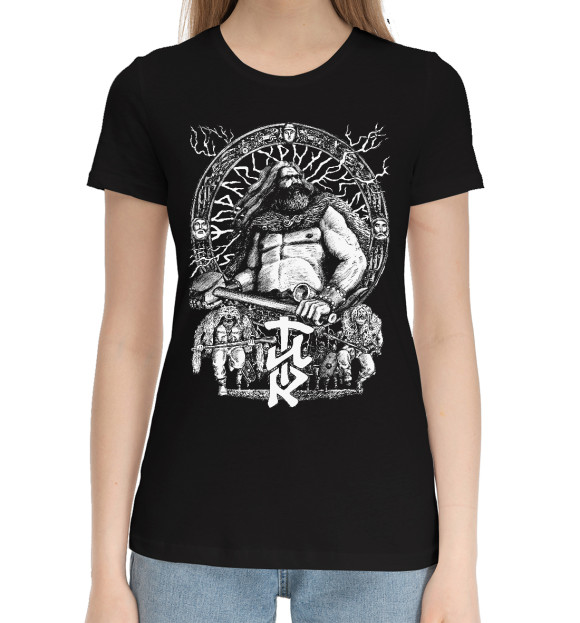 Женская хлопковая футболка с изображением Славянские Боги Перун и Велес цвета Черный