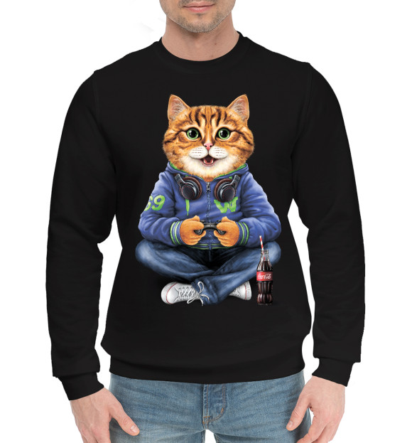Мужской хлопковый свитшот с изображением Кот геймер цвета Черный