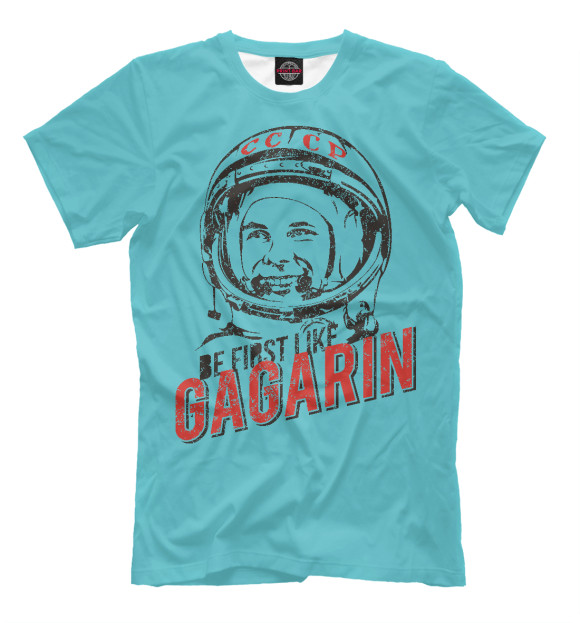 Мужская футболка с изображением Будь первым как Гагарин цвета Грязно-голубой