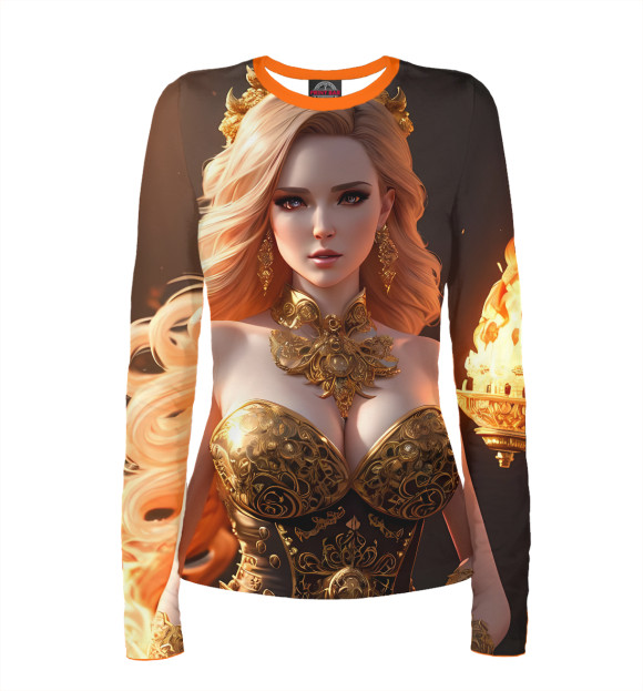 Женский лонгслив с притом Девушка в золоте цвета Белый Женский лонгслив с изображением Девушка в золоте цвета Белый