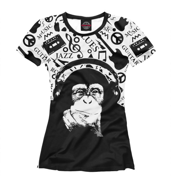 Футболка для девочек с притом Шимпанзе в наушниках цвета Белый Футболка для девочек с изображением Шимпанзе в наушниках цвета Белый