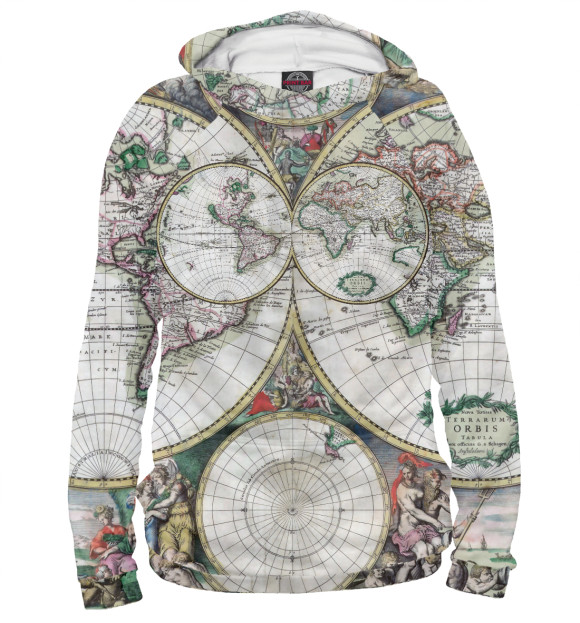 Женское худи с изображением Старинная карта мира цвета Белый